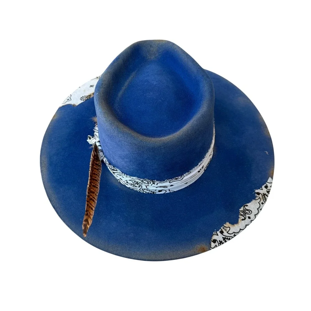 REV RAN Hats Royal Blue Western Hat Bandana‎ Feather Accent Size 7